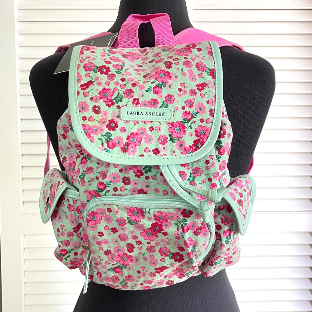 Laura Ashley Girls Floral Pink Green Backpack with Adjustable Straps